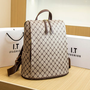 Hong Kong Casual Leather Backpack Womens 2024 New Fashion Large Capacity Travel Laptop Bag 14 Inch Leisure Geometry Pattern