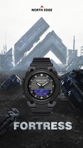 NORTH EDGE Tactical Digital Mens Watch Shockproof Case 50M Waterproof Dual Display Luminous Hands World Time Step Counter FORTRESS Jam Tangan Lelaki