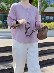 Shalldoer | Áo sơ mi nữ tay lửng cổ tròn màu trơn phong cách Hàn Quốc mùa hè mỏng thoáng khí rộng rãi thường ngày thương hiệu Xiangduorui B6587