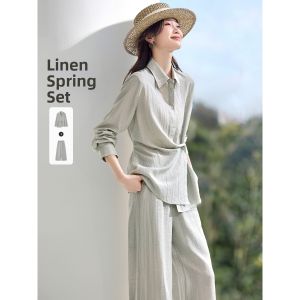 MOHANYIMEI | Waist-Fitted Linen Autumn Set Womens Shirt and Trousers