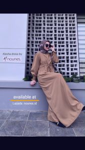 Nounes Alesha Dress Gamis Polos Wanita Syari Lengan Panjang Tali pinggang serut busui friendly saku kanan matt Woolpeach LD 92 98 104 110 Jumbo 120