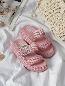 Steve Madden Womens Thick Bottom Woven Slippers Beach Shoes Summer Season mid Heel Fabric up Upper Slip on Casual Sandals