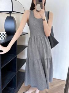 Elegant Korean Style Knitted Sleeveless Dress Womens Summer New Small Design Slimming Versatile Vest Skirt High Waist A-Line Dress