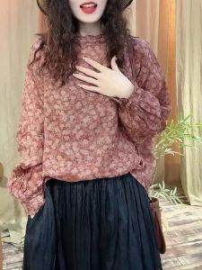 Autumn 2025 New Style Floral Print Loose Fit Stand Collar Shirt for Women Skin Tightening Slimming Top Breathable Polyester