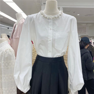 White Loose Lantern Sleeve Shirt round Neck Button up Versatile French Style High End Feel Guangzhou APM Fall Collection