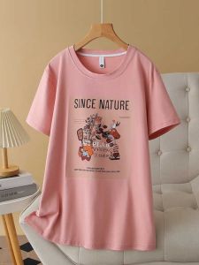 Áo Thun Cotton in Chữ Cổ Tròn Tay Ngắn Dáng Rộng Cỡ Lớn Màu Hồng Thời Trang Mùa Hè Cho Nữ