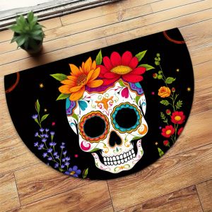 Thảm Chùi Chân Hình Bán Nguyệt VIKAMA Dia De Los Muertos Thảm Chùi Chân Hình Hoa Đầy Màu Sắc Hình Đầu Lâu Chống Trượt Trong Nhà Ngoài Trời Thảm Chào Mừng Để Trang Trí Hiên Nhà
