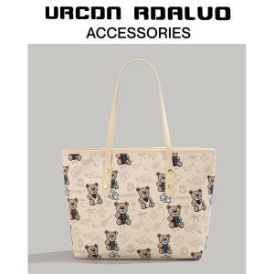 UR Cute Bear Print Tote Bag Womens New 2025 Large Capacity Underarm Bag for Class Handbag British Style Canvas Shopping Bag