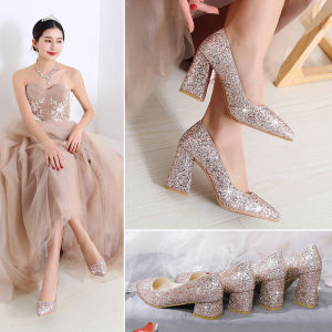 Crystal Shoe Wedding Shoes Womens Chunky Heel Sparkling Maids Shoes Pointed Toe High Heel Stage Performance Shoes Bridal Shoes