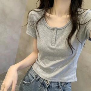 Half-Open Neck Button Trim Slim Fitting White T-Shirt