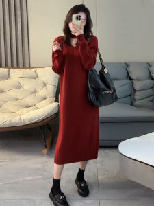 Red Knitted Long Sweater Dress for New Year Early Autumn Womens Fashion Princess Style V-Neck H-Shape Base Shirt Dress