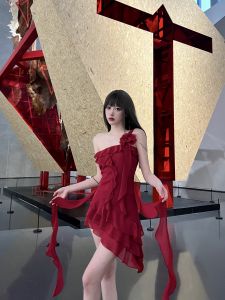 Cjxnh Red Black Spicy Girl Skirt with Sash Asymmetrical Hemline Polka Dot Print Slimming Spring Summer Womens Dress