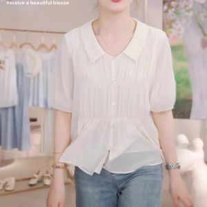 WANGGONGZHU | Fashionable Pleated Short Sleeve Shirt Womens Summer New Design Large Size Casual Elegant Slimming Top Princess Style French Style Loose Fit Lace Material