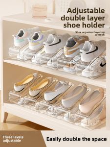 Adjustable Double Layer Shoe Cabinet Divider Transparent Shoe Rack Shoe Storage Organizer Space Saver Plastic Shelf Organizer