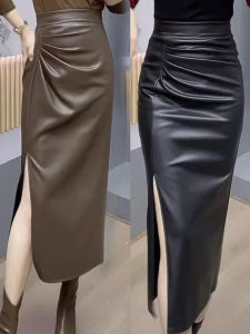 Elegant Ruched Leather Skirt Womens Spring & Fall 2024 New Arrival Side Slit Skirt High Waist Asymmetrical Mid Length Long Length Bodycon Dress