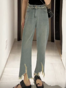ผู้หญิง ยีนส์ เอวสูง กางเกงขายาว รู ตรง หลวม บริการสุขภาพสูง