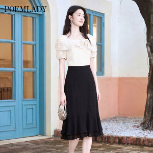 POEMLADY | French Collar Illusion Two-piece Design Short Sleeve Mid-length Dress