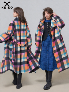 KEIKO | Dopamine Style Color Plaid Loose Long Wool Coat