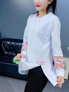 Loose Long Sleeve T-Shirt Womens Mid-Length Casual Fashion Spring Autumn Season Polyester Fiber round Neck Print Pattern