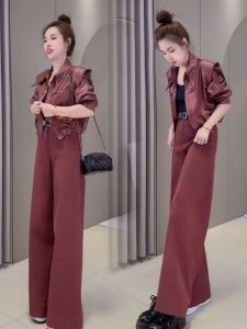 Angola Red Fashion Set Womens Spring 2025 High Waist Wide Leg Pants Two-Piece Suit Anti-Aging Stylish Design Polyester Fiber