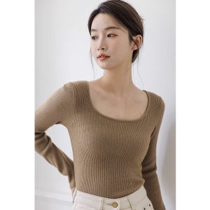Square Collar Sweater Bottoming Shirt Womens Trench Coat Inner Wear Spring and Autumn 2023 New Arrival Fall and Winter Waist Tight off-Shoulder Knitting Tops