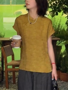 QINGNAER | Oriental Style Summer Large Size Womens Shirt Yellow Jacquard