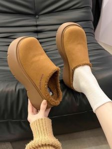 Womens Winter Slip-On Fleece Lined Slipper Shoes Thick Heel Fur Trim Casual Style High Top Cotton Slippers Comfortable Wearing
