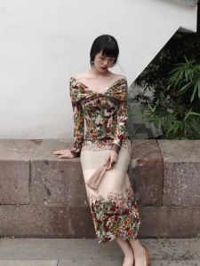 Original Design Xiang Long Floral Print One-Shoulder Long Dress Ancient Chinese Style Polyester Fabric Spring Autumn Wear