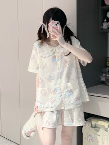 Original Mikko การ์ตูน ฤดูร้อน ใหม่ ชุดนอน ผู้หญิง น่ารัก หวาน เสื้อผ้าบ้านพร้อมแผ่นรองหน้าอกตุ๊กตา ปกเสื้อ แขนสั้น Pure ผ้าฝ้าย