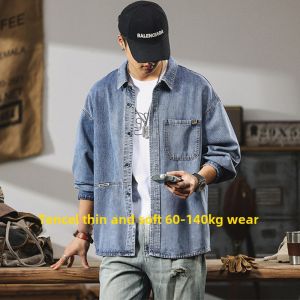 Tencel Thin Denim Shirt Mens Trendy Light Blue Spring and Summer Fat Man Plus Size Mens Fat Guy Spring & Fall Coat Shirt