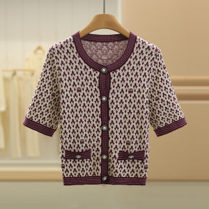 Elegant Short Sleeve Knitted Sweater Pearl Button Design Commute Style Regular Fit Cotton Nylon Blend Spring New Arrival