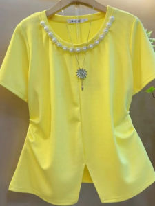 plus Size round Neck T-Shirt Short Sleeves Side Pleated Sequin Fashion French Design Sweet Anti Aging Matched Cute Top