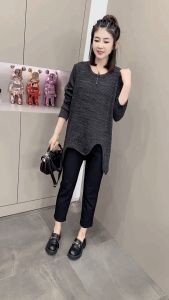 Elegant Midi Length Asymmetrical T-Shirt Womens Fashion Long Sleeve round Neck Black Versatile Commute Style Winter Season