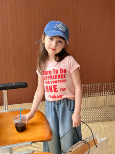 Korean Style Letter Print Short Sleeve Crop Top for Girls Childrens Fashionable Street Style Spicy Girl Baby Vest Toddler T-Shirt