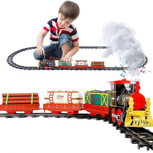 Christmas Electric Train Set with Sound Smoke Light Steam Toys Gift for Kids Locomotive Engine Carriage Track Railway Model