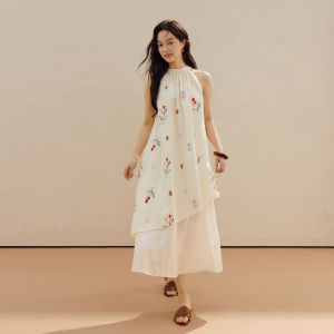 INMAN | Plants Embroidery Off-Shoulder Summer Dress Long