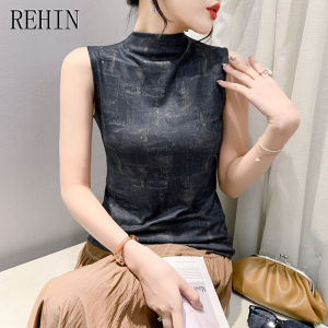 REHIN Fashion high neck tie-dye printing sleeveless T-shirt Slim elegant trendy women blouse