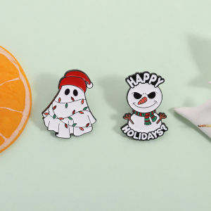 Happy Holidays Christmas Snowman Enamel Pins Halloween Ghost Santa Hat Brooches Lapel Badge Fashion Jewelry Gifts for Friends