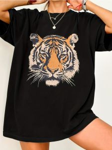 Sanrio | Summer Cartoons Tiger Printing T-Shirts Womens Cotton Oversized T Shirts Basic O-Neck Short Sleeve Tops Casual Woman Clothes