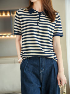 Pure Cotton Short-Sleeved Lapel T-Shirt Womens Summer New Arrival Classy Polo Shirt Stripes Knitting Bottoming Shirt Western Style Top Ins