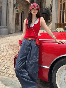 YUEZHONGWEI | Red Ice Silk Knitted Strap Vest Women Summer Outerwear Slim Fit Sleeveless Top Fashionable Design Casual Short Length