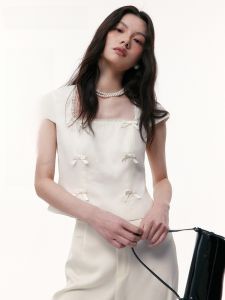 TAMMY TANGS | Sweet Style Linen Silk Short Top Womens Summer New Arrival Mall Same Style Sugar Power Cute Wind Pure Color Butterfly Knot