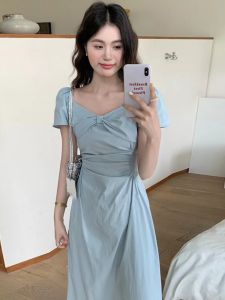 ชุดเดรสยาวแขนสั้นสไตล์ฝรั่งเศสหรูหราสำหรับผู้หญิงในช่วงฤดูร้อน ชุดเดรสยาวเอวสูงทรงเอคอตั้ง