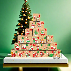 24pcs DIY Christmas Advent Calendar Treat Boxes 24 Days Countdown Gift Box Vintage Kraft Paper Box for Xmas Party Decoration