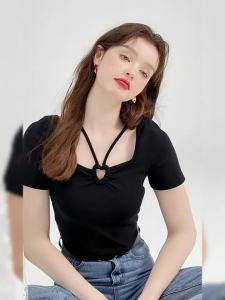HEYINI | Áo Thun Đen Ngắn Nữ Xu Hướng Mùa Xuân/Hè Cổ Vuông
