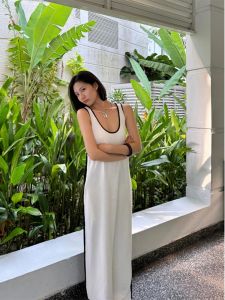 Elegant Black White Spliced Color Vest Dress Womens Summer Basic Match Long Skirt Sleeveless H Version Long Dress