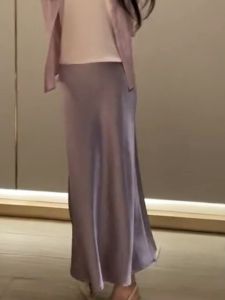 French Satin Acetate Halter Neck Mini Dress Womens Summer 2024 High Waist Bodycon Fish Tail Ice Silk Midi A-Line Skirt