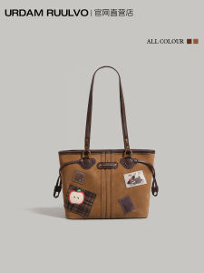 UR Retro Brown Tote Bag Womens 2025 New Large Capacity Single Shoulder Commuter Bag Versatile for Office Work And Travel