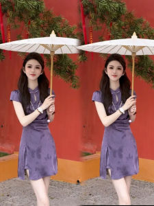 ชุดเดรสจีนสั้นทรงเอเอวสูงสไตล์เกาหลี แขนสั้น คอตั้ง สีพื้น ชุดสองชิ้น ฤดูร้อน 2024 แฟชั่นสำหรับผู้หญิง