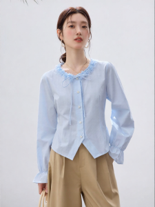Vimly | Áo Sơ Mi Dài Tay Màu Xanh Chất Cotton Sạch Có Nút Voan